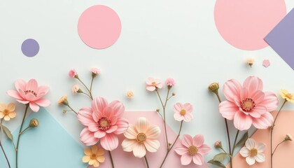 Floral arrangement with geometric shapes and a pastel color scheme