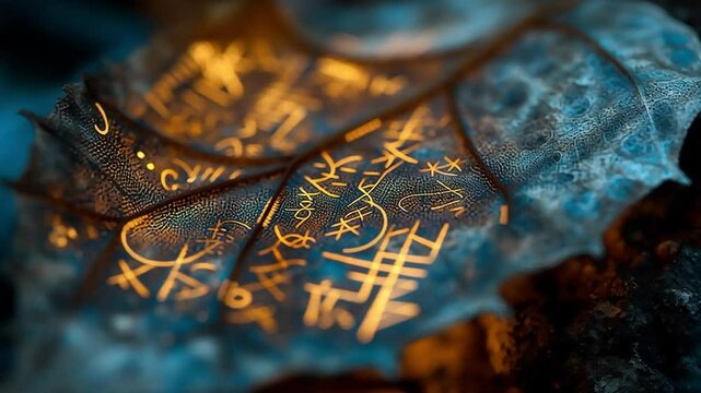 Mystical runes and symbols shimmer across a delicate leaf, creating a surreal scene of fantasy and enchantment.