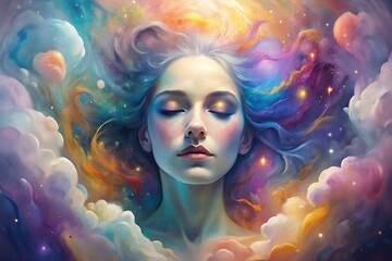 Ethereal Woman Immersed in Cosmic Colors of the Nebulous Universe

