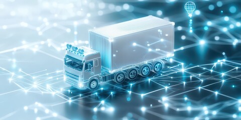 Engineer warehouse shipping concept. Digital illustration of a truck navigating a networked landscape with glowing connections.
