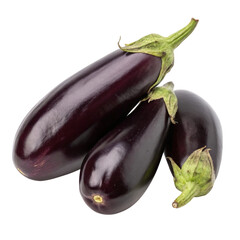 Various eggplants on a white background showcasing their glossy texture and vibrant color