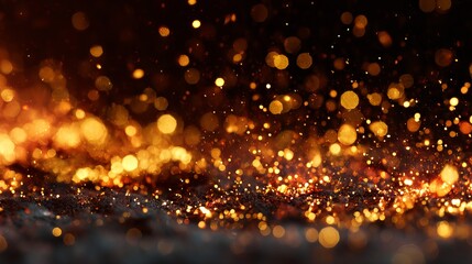 Glowing fire sparkles with warm bokeh light effect in dark background