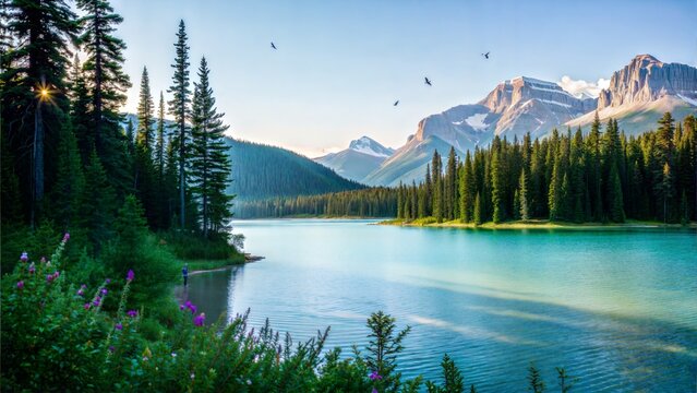 A breathtaking natural landscape with turquoise lake, pine forest, and snow-capped mountains under a clear blue sky - Powered by Adobe