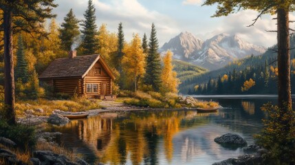 Fototapeta premium Cabin on a lake with scenic surroundings