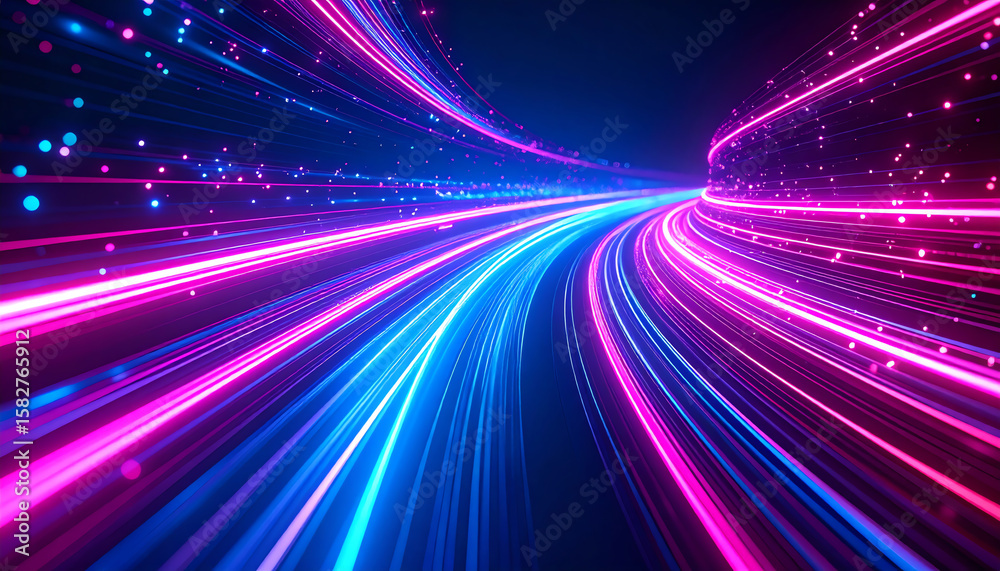 Poster vibrant streams of neon colors flow through a dark background, creating a dynamic and futuristic vis