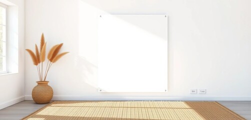 Blank white poster mockup on white wall, sunlight, woven rug, pampas grass,  design element,  photography
