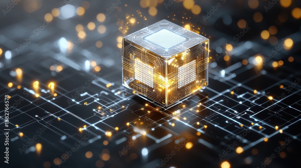 Fototapete Engineer warehouse shipping concept. Abstract digital cube with circuitry on a glowing background, representing technology and innovation.