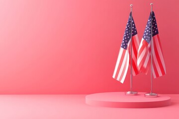 Bright patriotic podium with red-pink gradient, US flags, 27th May celebration