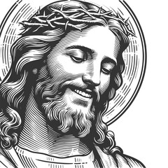 Obraz premium Jesus Christ smiling, surrounded by radiant circular halo lines sketch engraving generative ai fictional character vector illustration. Scratch board imitation. Black and white image.