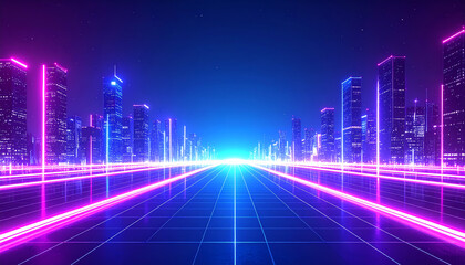 Fototapeta premium A vibrant, futuristic cityscape illuminated by neon lights, showcasing tall buildings and a glowing pathway leading into a bright horizon