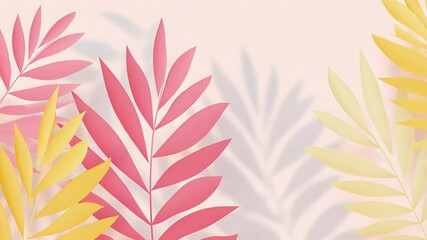 Animation. Colorful tropical leaves in shades of pink, yellow, and green create a vibrant backdrop, casting soft shadows against a light pastel background, enhancing visual appeal and tranquility - Powered by Adobe