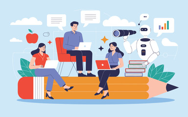 AI in Education – Vector Illustration of Students Interacting with Artificial Intelligence for Learning, Study Assistance, and Smart Classroom Technology in a Back to School Theme

