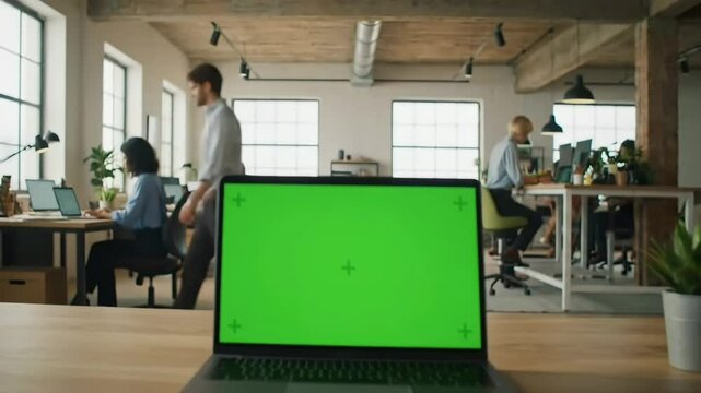 Explore a modern open office showcasing a laptop with a green screen on a wooden desk, perfect for adding custom content and showcasing business applications.