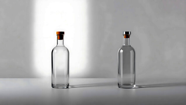 Two clear glass bottles with cork and metal stoppers on a grey background - Powered by Adobe
