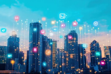 Obraz premium Bright city skyline with colorful social icons circulating above, virtual marketing symbol