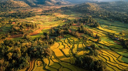 Fototapeta premium Aerial view of vibrant terraced rice fields in a valley, bathed in golden sunlight