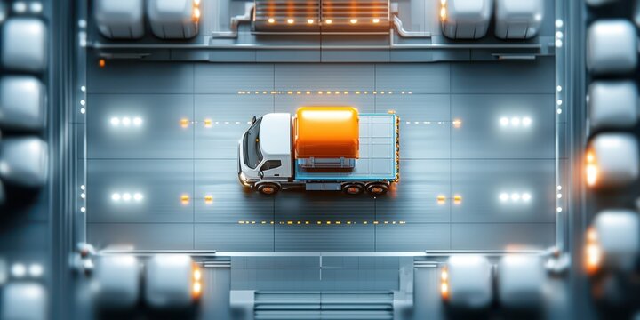 Engineer warehouse shipping concept. A truck navigating a futuristic warehouse with glowing lights and sleek design.