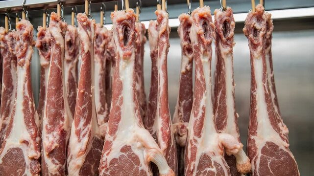 Fresh lamb carcasses hanging in a row in a butchery cooler