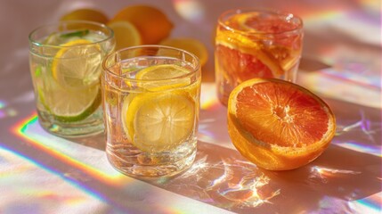 Sunlit glasses of refreshing citrus-infused water, with lemon, lime, and orange slices