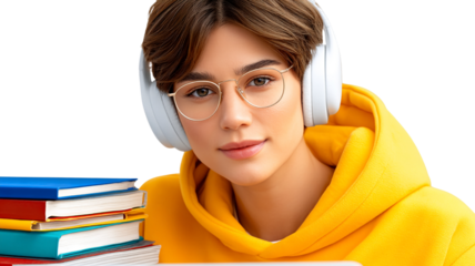 Young woman with headphones and books isolated on transparent background