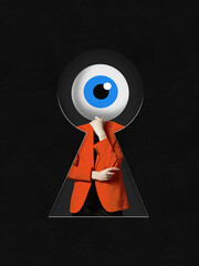 Surreal collage. Person with blue eye head seen through keyhole in orange blazer on black...