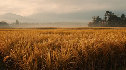 Golden rice field at sunrise, misty mountains in background