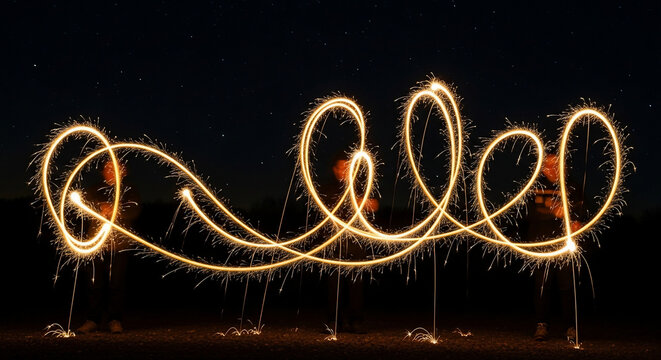Sparkler light painting creates swirling, abstract design at night.