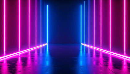 A futuristic corridor illuminated by vibrant pink and blue neon lights, creating a visually striking atmosphere with reflective surfaces
