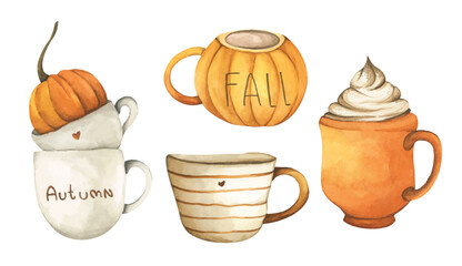 Vintage Autumn Cup. Cute Autumn Mug. Hot Drink with Leaf, Mug, and Fall Vibes. Watercolor Cup of Coffee, Cocoa, and Cozy Lifestyle. Hand Painted Fall Beverages.
