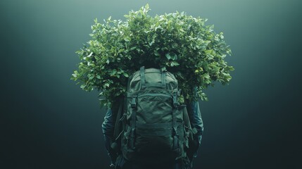Hiker wearing backpack covered with green foliage symbolizing sustainable tourism