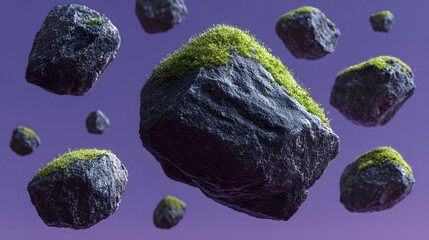 Floating rocks and moss create a surreal landscape, evoking nature and fantasy on a violet background for a captivating effect.