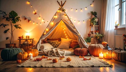 Cozy autumnal teepee reading nook decorated with pumpkins, fairy lights, and fall foliage.