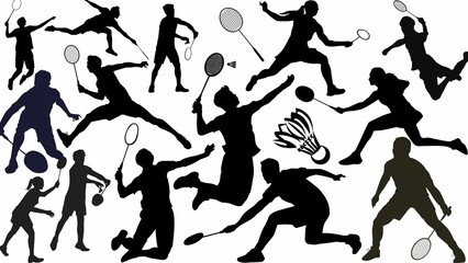 Obraz premium Badminton Player Silhouettes Set in Action »» Collection of badminton player silhouettes in dynamic action poses. Perfect for sports-themed designs, infographics, and educational or promotional. 