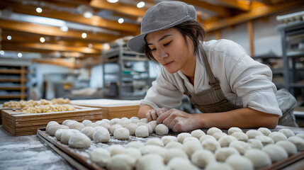 Asian Female Baker Carefully Arranges Freshly Made Dough Balls in a Bakery
