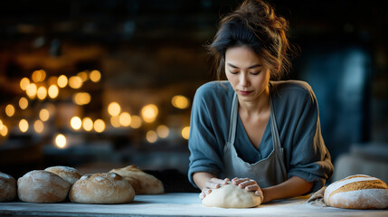 Female Asian Baker Kneading Dough with Freshly Homemade Baked Bread in the Foreground.