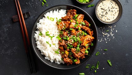 Closeup Of Delicious Bulgogi Dish Served With Rice And Green Onions Top View, Korean Cuisine. 