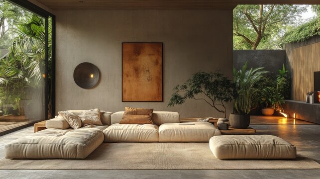 Modern living room, patio view, tropical garden backdrop