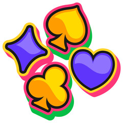 Playing cards suits casino gamble Y2K groovy sticker. Gambling game retro vector patch, casino jackpot 60s sticker. Vegas luck label or tag with card heart, diamond, spade and club suit symbols