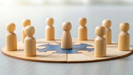Obraz premium Team of wooden figures standing around circular diagram with puzzle pieces — collaborative data strategy 