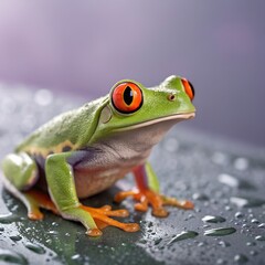 Obraz premium A vibrant red-eyed tree frog sits on a wet surface. The frog has bright green skin, orange feet, and striking red eyes, showcasing its unique features.