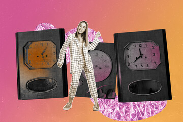 Full image zine art pop image collage of happy business girl dance deadline clock expire limit...
