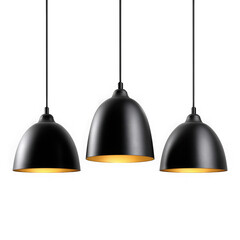 Three modern black dome pendant lights with warm golden interior isolated on transparent background