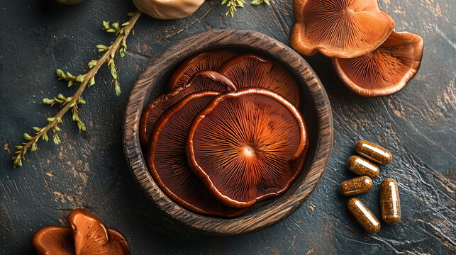 Medicinal mushrooms and supplement capsules on a dark textured background. Natural healing and alternative medicine concept.