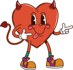 Cartoon groovy Halloween devil heart character with funny smile on happy face, holiday vector symbol. Groovy heart with devil horns and silly tongue out emotion for Halloween retro cartoon emoji