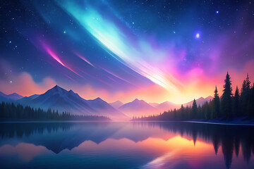 Fototapeta premium Vibrant Sunset Over Serene Mountains and Reflective Lake