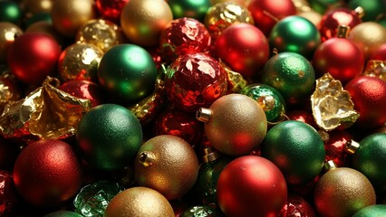 Shattered Christmas ornaments create a dazzling, chaotic scene with shimmering red, green, and gold hues. Festive and fragmented beauty., ultra detailed, 8k resolution, HDR, professional