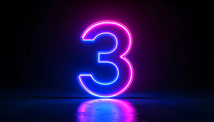 A glowing neon number three in pink and blue hues stands out against a dark background, creating a vibrant visual contrast