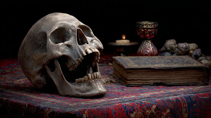 Screaming skull isolated on sorcerer's table with magic spell book curse voodoo black magic occult witchcraft wizard Halloween background