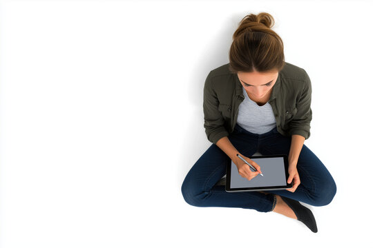 photo of a young woman sitting cross-legged, using a tablet with a stylus, top-down view, white background, no background, studio lighting