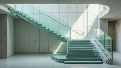 Modern minimalist architecture featuring a striking floating staircase with glass railings and concrete walls bathed in natural light., ultra detailed, 8k resolution, HDR, professional